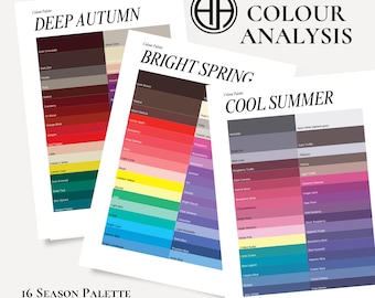 May include: Three printed cards displaying color palettes labeled Deep Autumn, Bright Spring, and Cool Summer. Each card features a grid of color swatches with names. The text reads Virtual Colour Analysis and 16 Season Palette Colour Analysis.