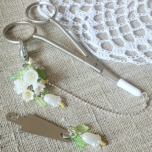 Set of accessories for embroidery &quot;Lily of the valley&quot; Scissor fob with protective cap & Needle threader / Beads scissor charm /  Chain