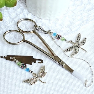 Set of accessories for embroidery &quot;Dragonflies&quot; Scissor fob with protective cap & Needle threader / Beads scissor charm / Scissors Chain