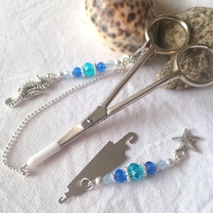 Set of accessories for embroidery &quot;Azure Sea&quot; Scissor fob with protective cap & Needle threader / Beads scissor charm / Scissors Chain