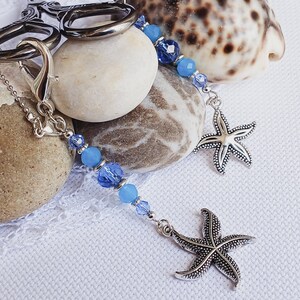 Set of accessories for embroidery &quot;Starfish. Blue&quot; Scissor fob with protective cap & Needle threader / Beads scissor charm
