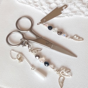 Set of accessories for embroidery &quot;Night Fairy Wings&quot; Scissor fob with protective cap & Needle threader / Bead scissor charm / Scissor Chain