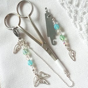 Set of accessories for embroidery &quot;Wings of Dew&quot; Scissor fob with protective cap & Needle threader / Beads scissor charm / Scissors Chain