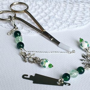 Set of accessories for embroidery &quot;Spring Greenery&quot; Scissor fob with protective cap & Needle threader / Beads scissor charm / Scissors Chain