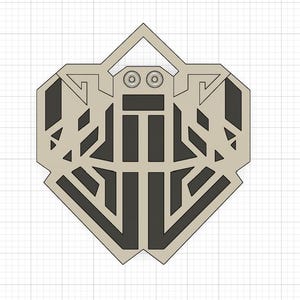 May include: A geometric pendant with a symmetrical design. The pendant features a light tan outline with dark gray geometric shapes and two small circles at the top. The design is set against a white grid background.