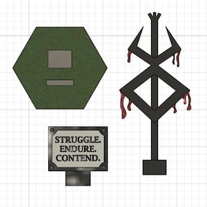 Berserk Display Stand STL – Hex Base with Brand of Sacrifice & “Struggle. Endure. Contend.” Plate | Digital File for 3D Printing