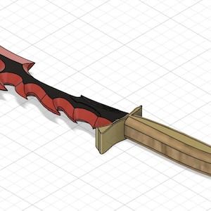 May include: A stylized dagger with a red and black blade and a tan handle. The blade has a curved design with a series of points along the edge. The handle is rectangular and tapers to a rounded end.