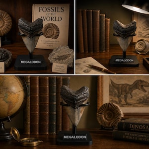 以下が含まれることがあります： MEGALODONと書かれたラベル付きの黒いディスプレイスタンドに固定された、化石化したメガロドンの歯。歯は暗い鋸歯状の冠部と明るい根元で構成されており、アンティークの本、地球儀、その他の先史時代の化石標本の中に配置されています。