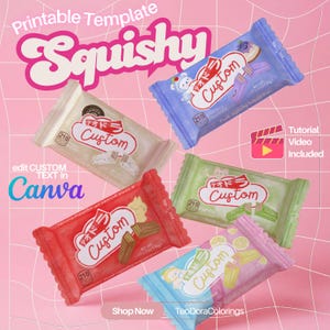 May include: A printable template for five rectangular snack wrappers in white, blue, green, red, and pink. Each wrapper features the text Custom, a calorie count of 210, and small illustrations of food and characters on a pink grid background.