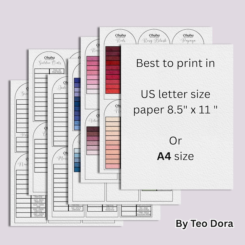 May include: A collection of color swatch charts with the text "Best to print in US letter size paper 8.5" x 11" or A4 size" and the name "By Teo Dora". The charts display various color palettes, including reds, pinks, and neutrals.