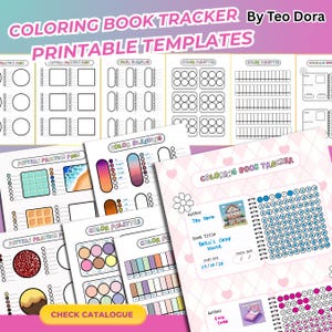 May include: A collection of printable coloring book tracker templates. The templates include pages for pattern practice, color blending, and color palettes. The design features a pink and white color scheme with the text "Coloring Book Tracker" and "Printable Templates".
