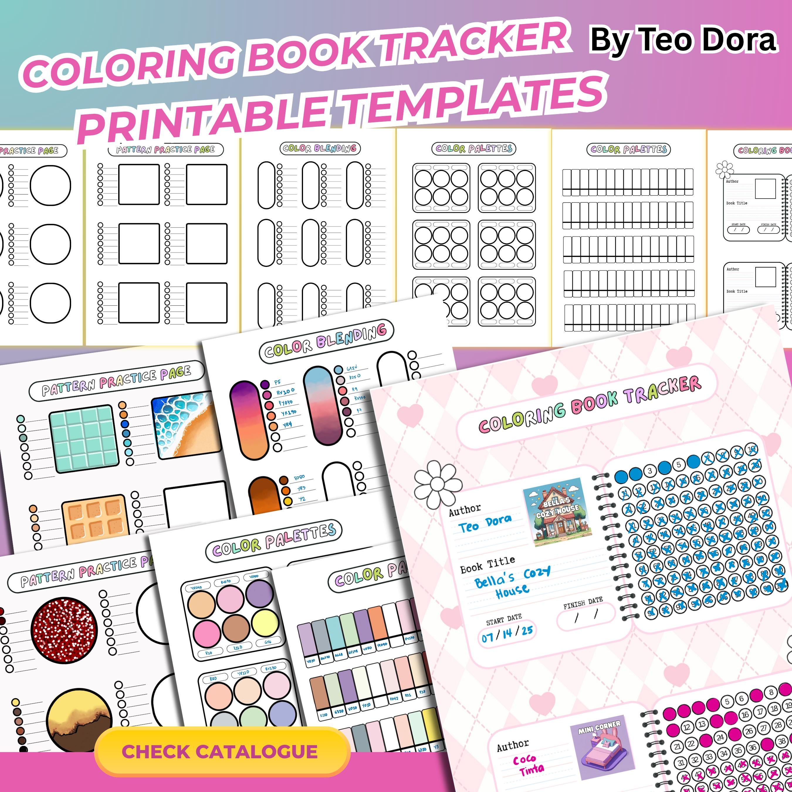Coloring Book Tracker Printable PDF | Track Pages, Books, Dates + Palette, Blending & Pattern Practice