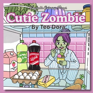 Może przedstawiać: Kolorowa ilustracja dziewczyny zombie w piżamie jedzącej lody z kubka w lodówce. Lodówka zawiera mleko, jajka, napój gazowany i masło. Widoczny jest tekst "Cutie Zombie" i "By Teo-Dora".