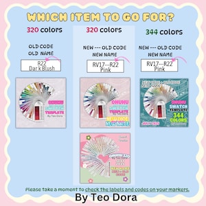 May include: A graphic with color swatches and text, including "WHICH ITEM TO GO FOR?" and "OHUHU SWATCH TEMPLATE." It displays color codes and names, with a call to check marker labels. The image is by Teo Dora.