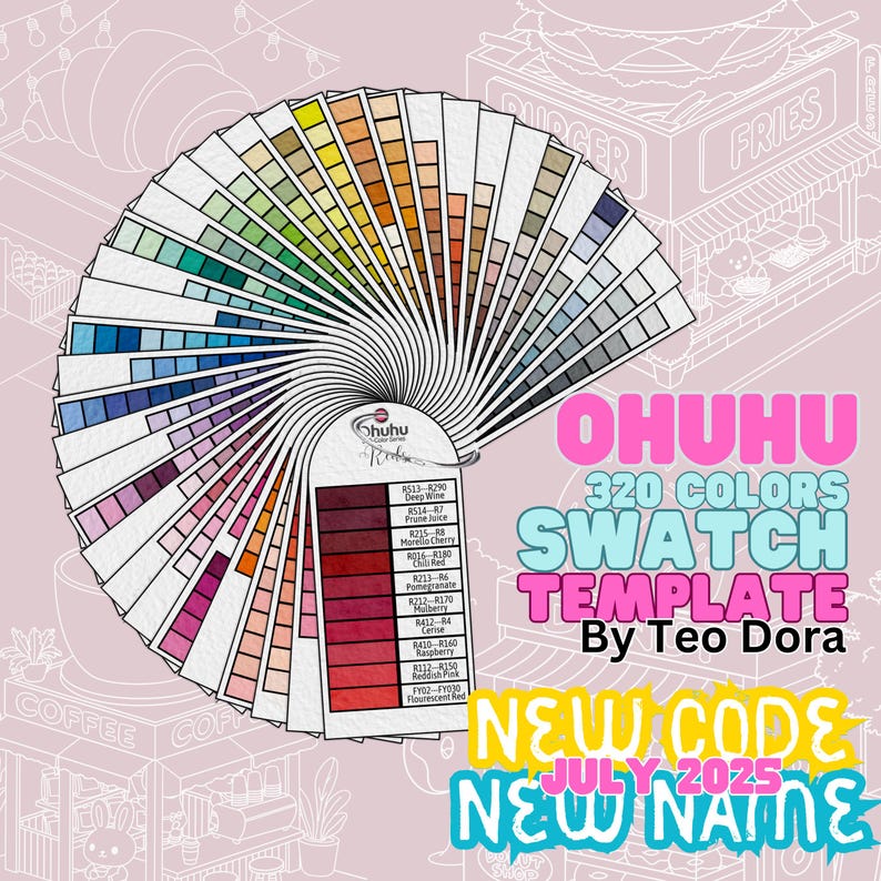 May include: A color swatch template fan with 320 colors, featuring a range of hues from blues and greens to reds and oranges. The text "OHUHU" and "SWATCH TEMPLATE" are displayed, along with "NEW CODE JULY 2025 NEW NAME".