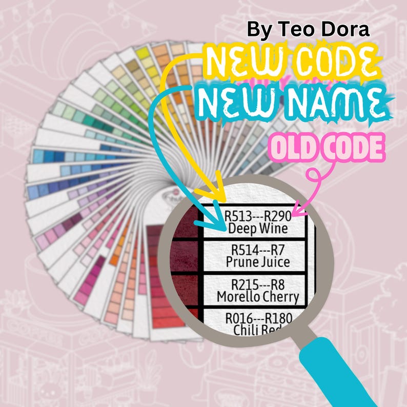 May include: A color palette fan with a variety of hues, including a magnified view of deep wine, prune juice, morello cherry, and chili red. Text includes "By Teo Dora", "NEW CODE", "NEW NAME", and "OLD CODE".