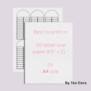 May include: Two sheets of paper with architectural window designs. The text on the paper reads "Best to print in US letter size paper 8.5" x 11" Or A4 size" and "By Teo Dora". The designs are black and white.