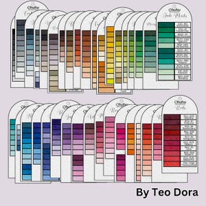 May include: A collection of Ohuhu color swatch cards, showcasing a wide array of hues. The cards are arranged in rows, displaying shades of blues, greens, yellows, oranges, reds, and purples. The text "Jade Mists" and "Reds" are visible, along with the text "By Teo Dora".