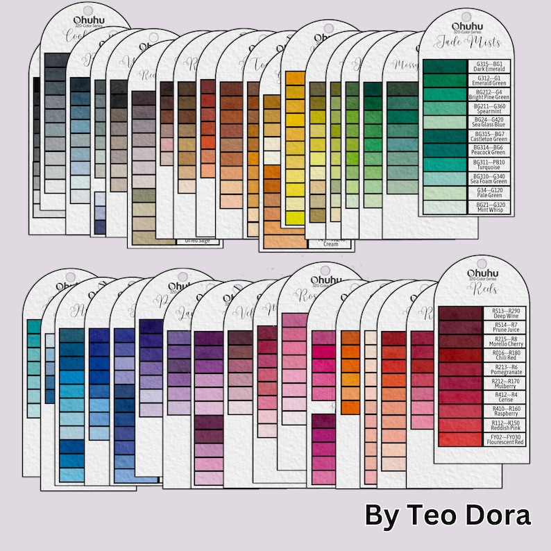 May include: A collection of Ohuhu color swatch cards, showcasing a wide array of hues. The cards are arranged in rows, displaying shades of blues, greens, yellows, oranges, reds, and purples. The text "Jade Mists" and "Reds" are visible, along with the text "By Teo Dora".