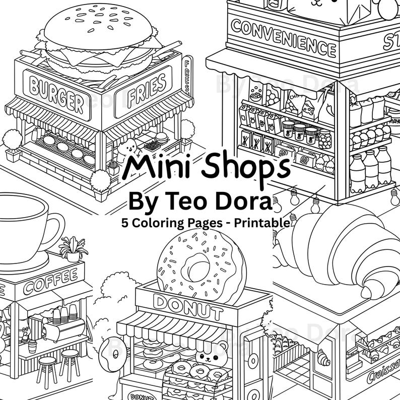 Mini Shop Coloring Pages | Printable PDF | Burger, Fries, Coffee ...