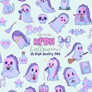 May include: A digital illustration featuring various cute ghost characters in shades of blue, purple, and pink. The ghosts are depicted with braids, holding items like a microphone, broom, and headphones. The text "Boo" and "Halloween" are also present.