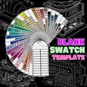 Può includere: Un ventaglio di modelli di campioni vuoti e colorati con una varietà di tonalità, tra cui sfumature di rosa, blu, verde e giallo. Il testo "BLANK SWATCH TEMPLATE" è visualizzato in rosa e verde. Lo sfondo è un'illustrazione in bianco e nero di una scena di strada.