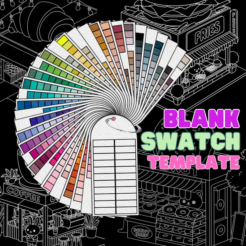 May include: A colorful blank swatch template fan with a variety of hues, including shades of pink, blue, green, and yellow. The text "BLANK SWATCH TEMPLATE" is displayed in pink and green. The background is a black and white illustration of a street scene.