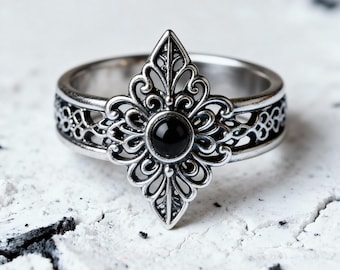 Vintage Gothic Black Onyx Ring for Women, Victorian Filigree Sterling Silver Ring, Dark Academia Jewelry, Antique Art Deco Statement Ring