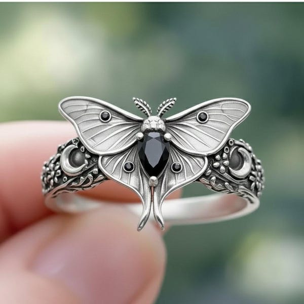 Anillo de ónix negro con polilla lunar, plata de ley 925, joyería bohemia de brujas, joyería femenina divina, joyería romántica oscura para él y para ella