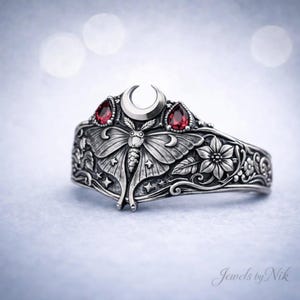 Luna Moth Ring Sterling Silver, Gothic Ruby Engagement Ring, Witchy Crescent Moon Jewelry, Celestial Insect Ring, Nature Inspired Gift