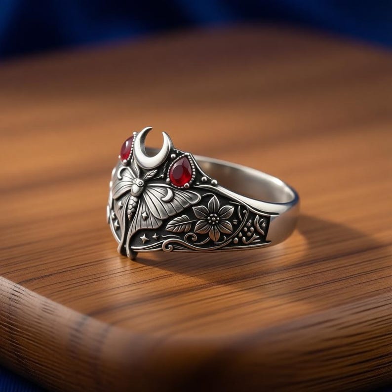 Magic Insect Ring Luna Moth Ring Sterling Silver, Gothic Ruby Engagement Ring, Witchy ...