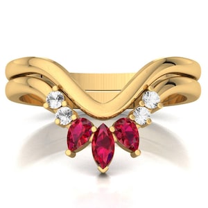 Marquise Ruby Wedding Band, Curved Stacking Ring in 14k Gold Plated Silver, Dainty July Birthstone Jewelry for Her, V Shaped Chevron Ring