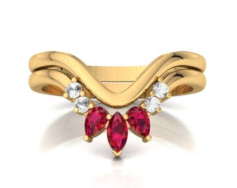 Marquise Ruby-trouwring, gebogen stapelring van 14k verguld zilver, sierlijke juli-geboortesteensieraden voor haar, V-vormige ring met chevron