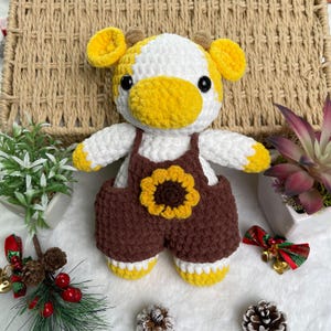 Handmade Crochet Plush Cow in Sunflower Overalls, Cute Amigurumi Soft Toy Animal, Yellow White Stuffed Doll Gift, Kids Room Decor