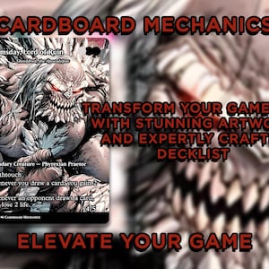 May include: A trading card with a detailed illustration of a monstrous creature with sharp teeth and red eyes. The card is labeled "Doomsday, Lord of Ruin" and includes game text. The background features the text "CARDABOARD MECHANICS" and "ELEVATE YOUR GAME".