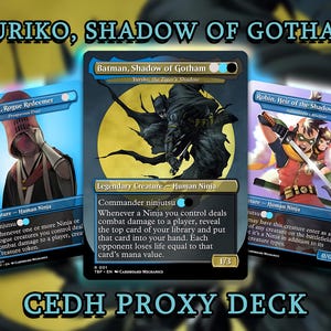 May include: Three custom trading cards featuring comic book characters. The cards include "Red Hood, Rogue Redeemer", "Batman, Shadow of Gotham", and "Robin, Heir of the Shadow". The cards are labelled "CEDH PROXY DECK".