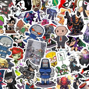 May include: A collection of colorful stickers featuring various comic book characters. The stickers showcase a variety of designs, including heroes and villains, with bold outlines and vibrant colors. The stickers are of different sizes and shapes.
