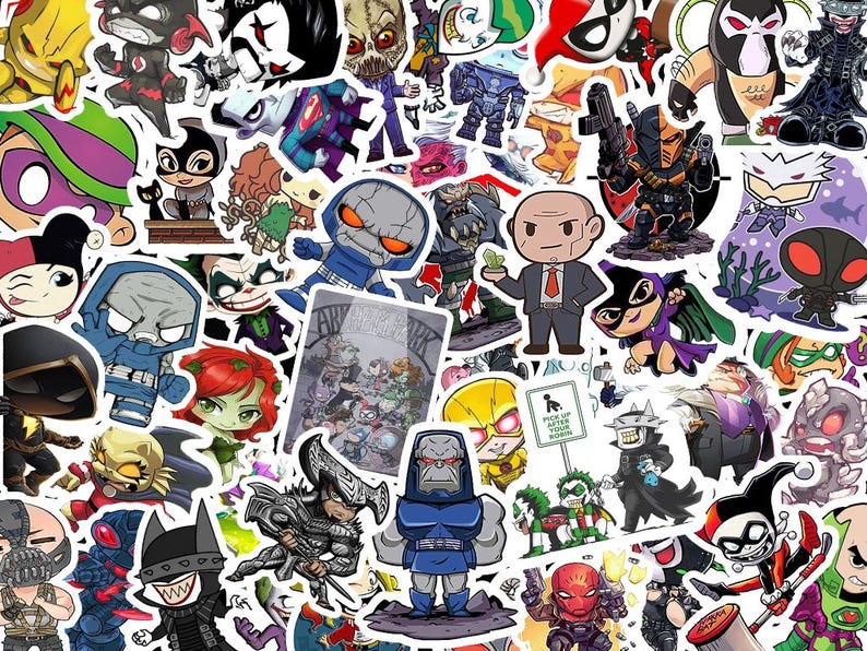 May include: A collection of colorful stickers featuring various comic book characters. The stickers showcase a variety of designs, including heroes and villains, with bold outlines and vibrant colors. The stickers are of different sizes and shapes.