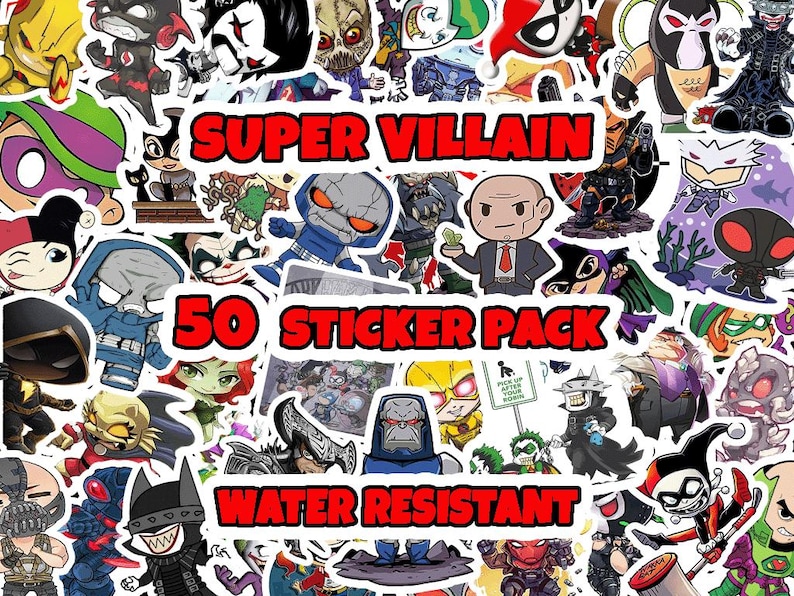 May include: A collection of colorful, water-resistant stickers featuring various cartoon supervillains. The stickers are in a pack of 50, with the words "SUPER VILLAIN", "50 STICKER PACK", and "WATER RESISTANT" in red.