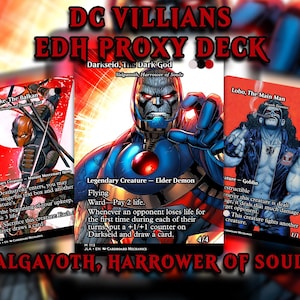 May include: A set of three DC Villains EDH Proxy Deck cards. The cards feature illustrations of Deathstroke, Darkseid, and Lobo. The text on the cards includes character names, abilities, and the phrase "Valgavoth, Harrower of Souls."