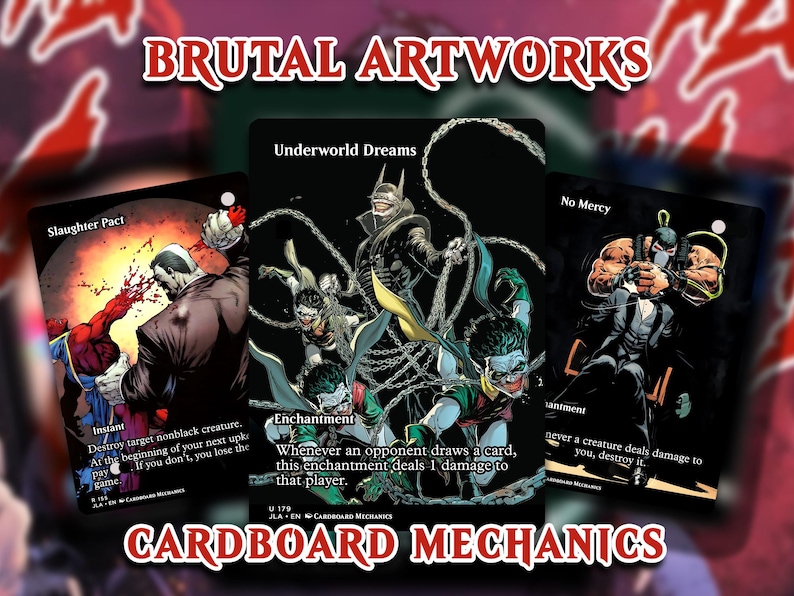 May include: Three trading cards with comic book art. The cards feature the text "BRUTAL ARTWORKS" and "CARDBOARD MECHANICS". The cards have illustrations of comic book characters and text descriptions. The cards are black with red and white text.