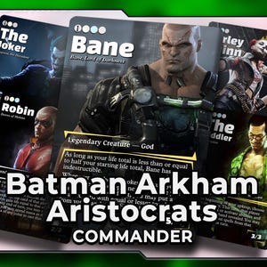 Pode incluir: Uma coleção de cartas colecionáveis Batman Arkham Aristocrats Commander. As cartas apresentam personagens como Bane, The Joker, Harley Quinn e The Riddler. As cartas têm arte de personagens e texto do jogo.