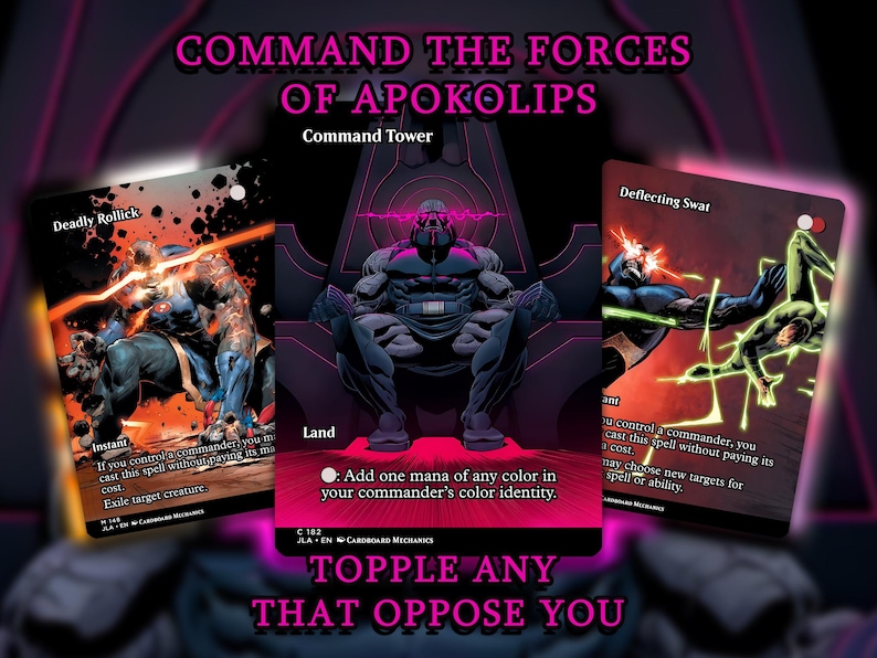 May include: Trading card set with the text "COMMAND THE FORCES OF APOKOLIPS" and "TOPPLE ANY THAT OPPOSE YOU". The cards feature character illustrations and text descriptions. The central card shows a figure seated on a throne.