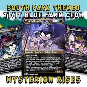 May include: Three South Park themed trading cards. The cards feature characters like Tivit, Seller of Secrets, Lotho, Corrupt Shirriff, and Opposition Agent. The text "MYSTERION RISES" is at the bottom. The cards have a blue and purple color scheme.