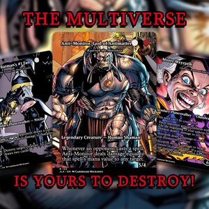 May include: Three trading cards with comic book illustrations. The cards feature characters including Anti-Monitor, Bat-Mite, and Mister Mxyzptlk. Text on the cards includes "THE MULTIVERSE" and "IS YOURS TO DESTROY!"