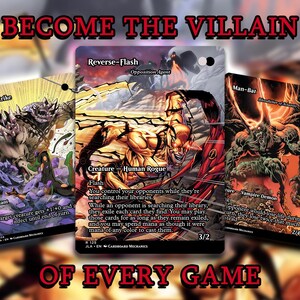 May include: Three fantasy trading cards featuring villainous characters. The cards display illustrations of a monster, a Reverse-Flash character, and a Man-Bat. Text on the cards includes "Tainted Strike", "Reverse-Flash", and "Man-Bat". The image also includes the text "BECOME THE VILLAIN OF EVERY GAME".