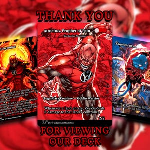 May include: Three trading cards with comic book art are displayed against a red background. The cards feature characters and text, including "Bloodchief Ascension," "Atrocitus, Prophet of Pain," and "Exquisite Blood." The text "THANK YOU" and "FOR VIEWING OUR DECK" are also visible.