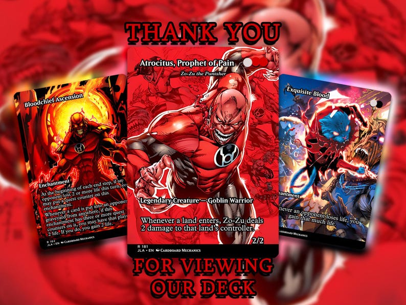 May include: Three trading cards with comic book art are displayed against a red background. The cards feature characters and text, including "Bloodchief Ascension," "Atrocitus, Prophet of Pain," and "Exquisite Blood." The text "THANK YOU" and "FOR VIEWING OUR DECK" are also visible.