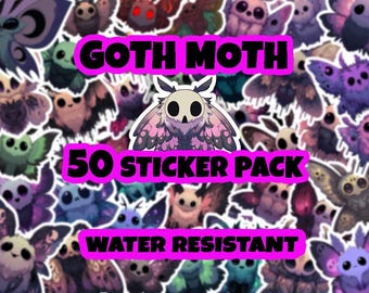 Goth Moth Sticker Pack, Spooky Pastel Vinyl Decals (50 Stickers)