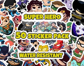 Super Hero Water Resistant Sticker Pack, 10/50 Cartoon Hero Stickers